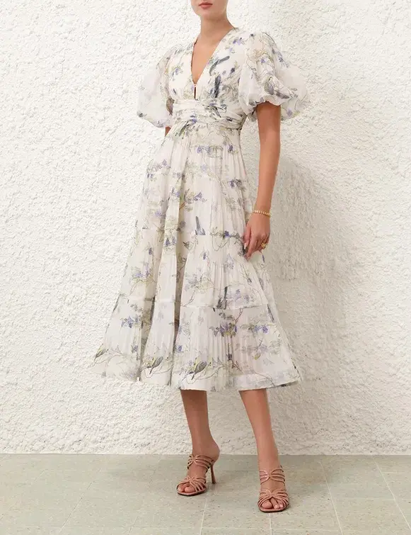 Zimmermann Pleated Midi Dress Blue Birds Size 3 AU 14 - Image 2