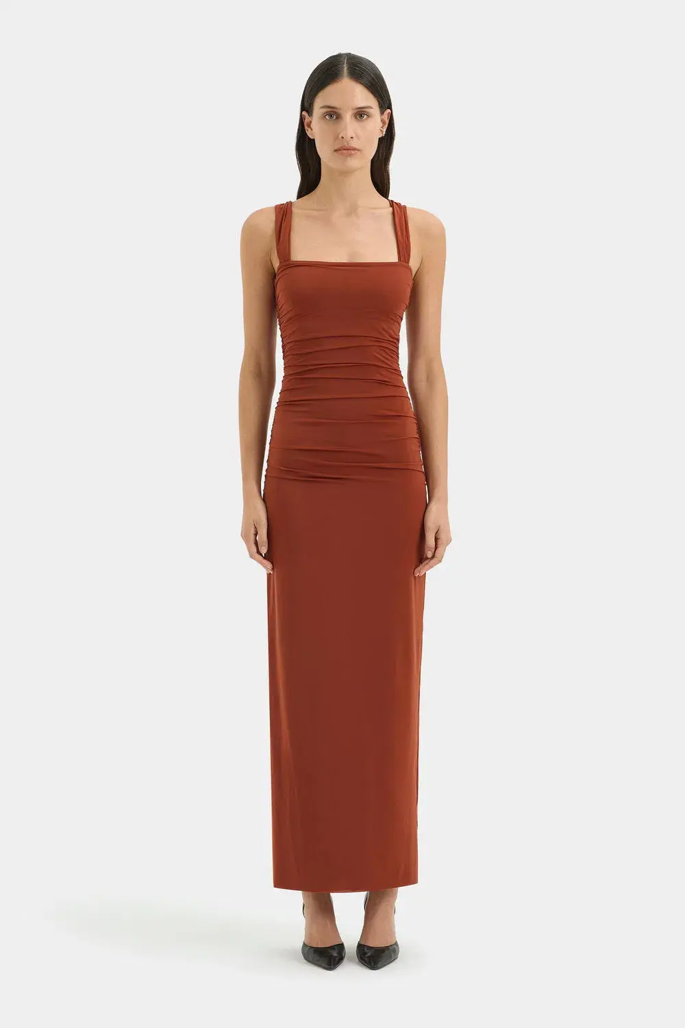Sir the Label Rosseli The Rosseli Gathered Midi Dress in Rust Size 2/10 for rent on The Volte - main image