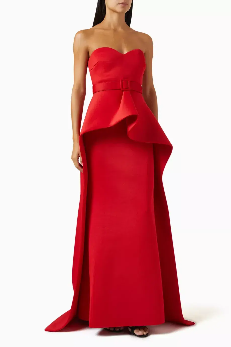 Badgley Mischka Strapless Elongated Peplum Gown in Scuba Red Size  US 8 / AU 12 for rent on The Volte - main image