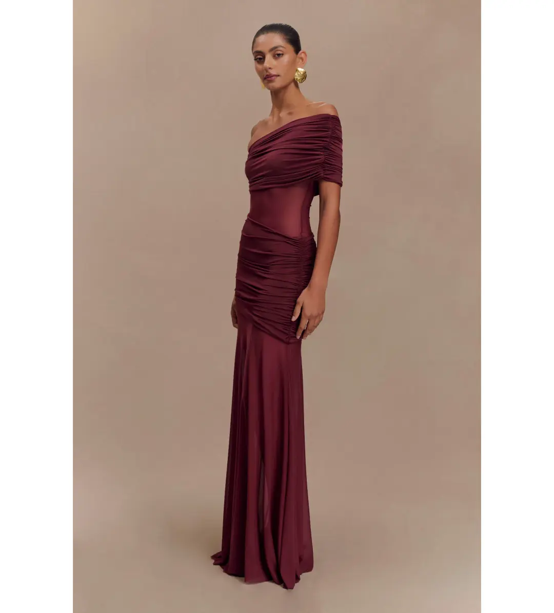 Meshki Dallas One Shoulder Mesh Maxi Dress Burgundy Size 8 for rent on The Volte - main image
