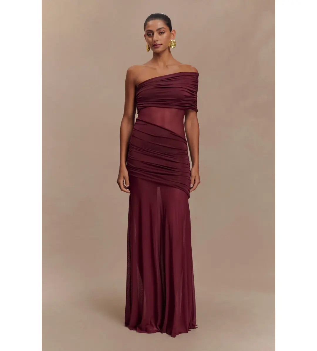 Meshki Dallas One Shoulder Mesh Maxi Dress Burgundy Size 8 for rent on The Volte - main image