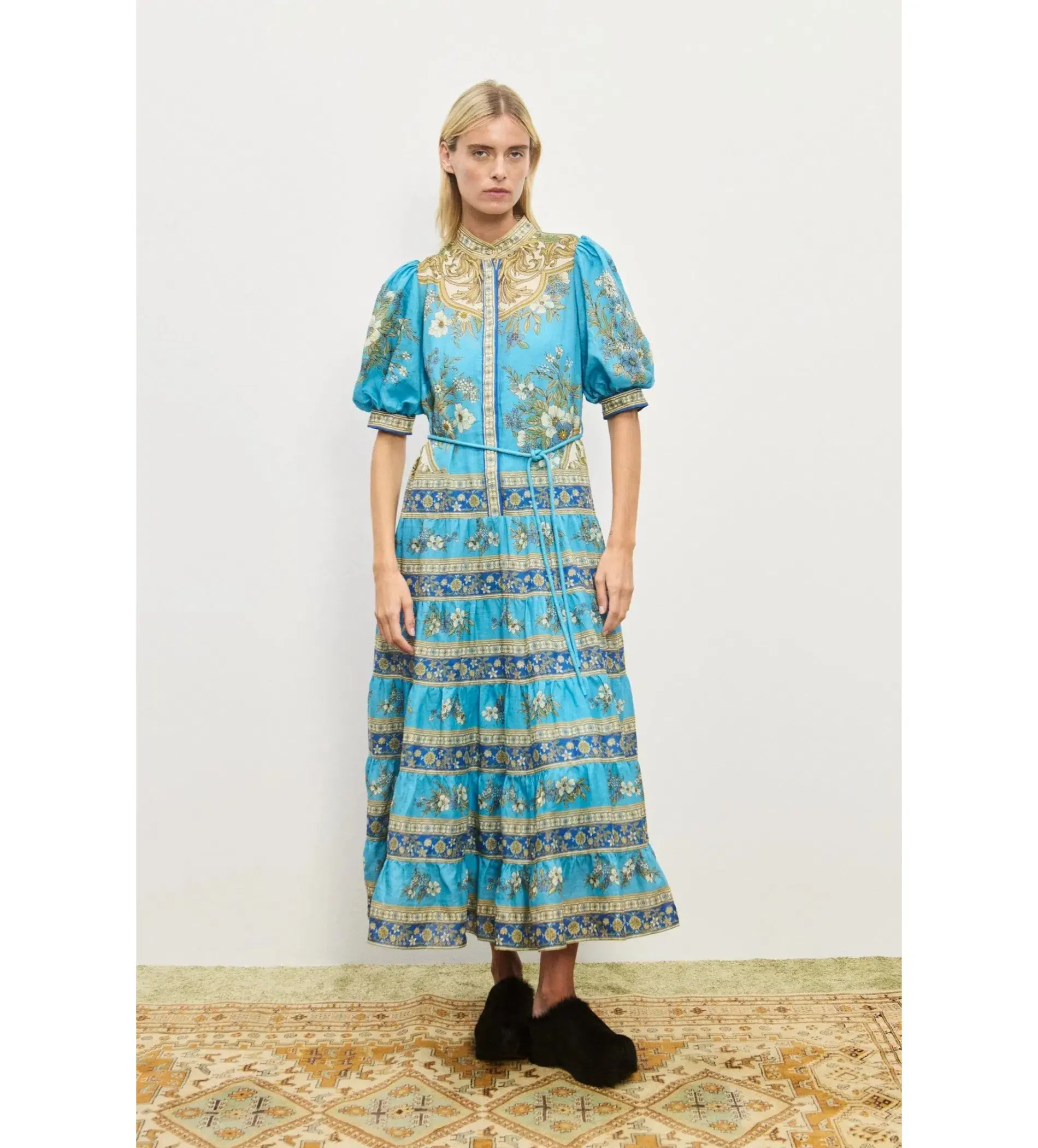 Alemais Cassie Tiered Midi Dress Blue Floral Size AU 8 - Image 1
