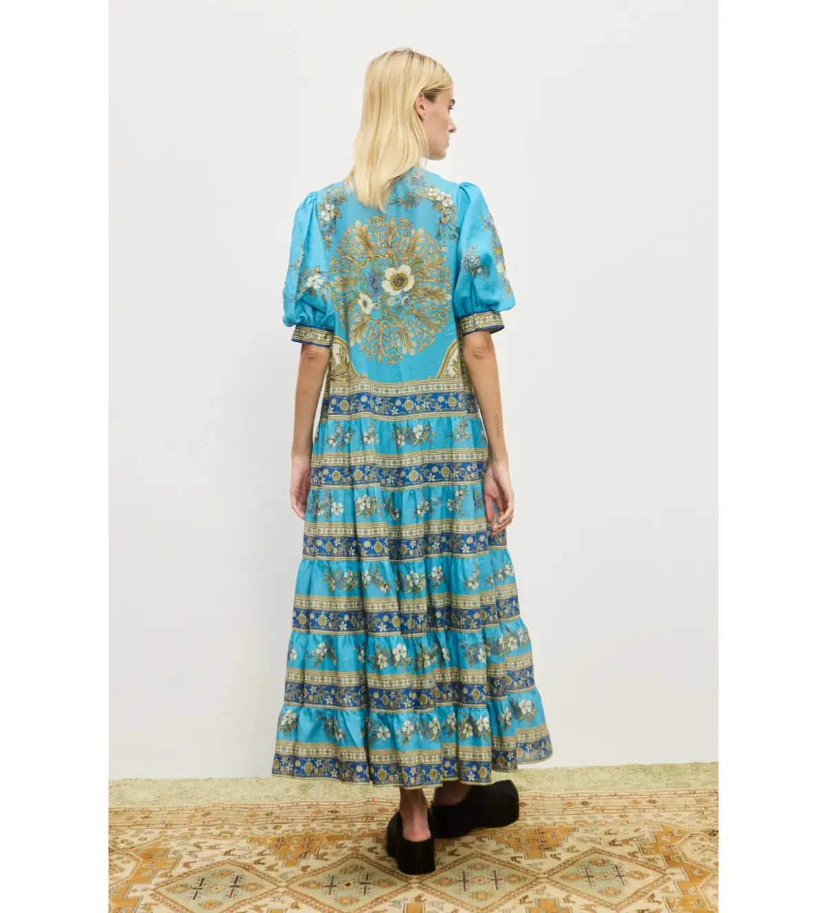 Alemais Cassie Tiered Midi Dress Blue Floral Size AU 8 - Image 3