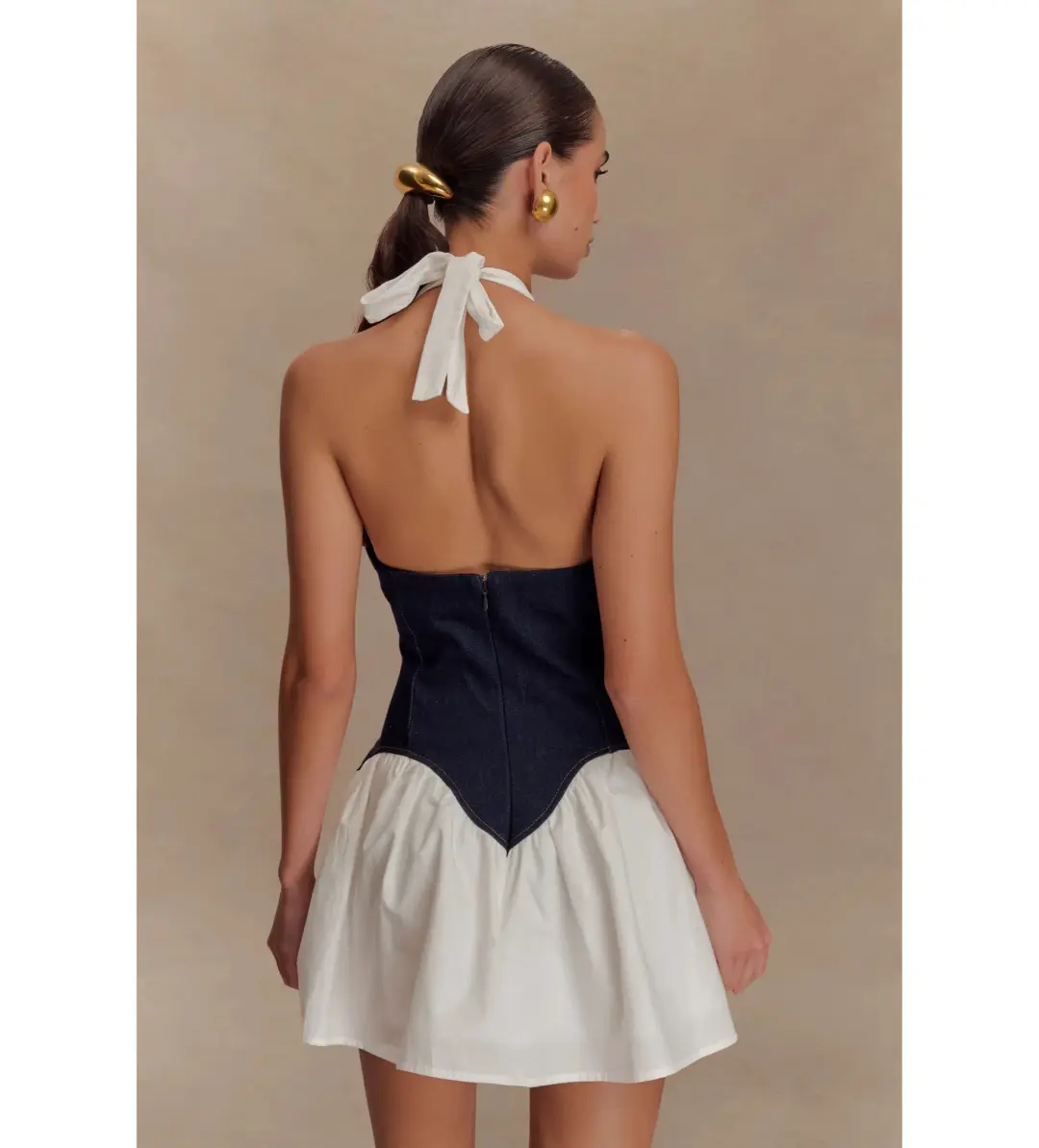 MESHKI Merlyn Denim Cotton Mini Dress Indigo Blue Size S AU 8 for rent on The Volte - main image