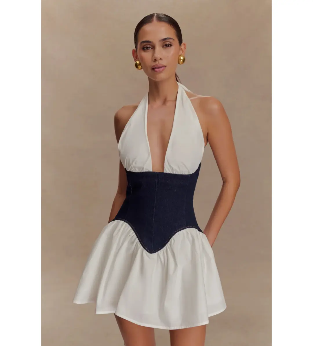 MESHKI Merlyn Denim Cotton Mini Dress Indigo Blue Size S AU 8 for rent on The Volte - main image