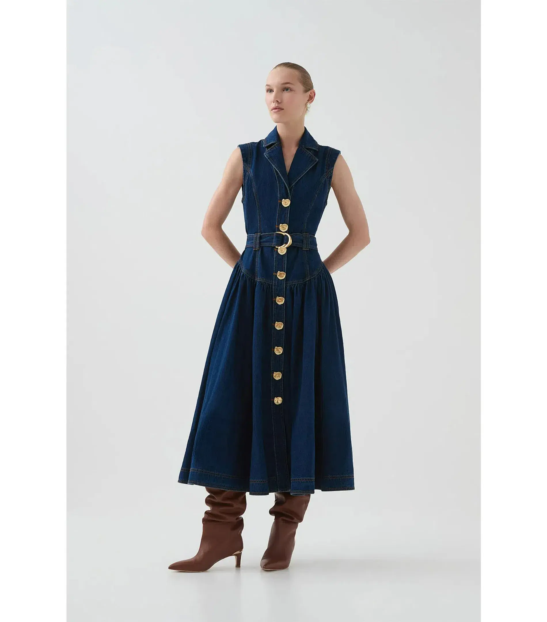 Aje Elena Belted Denim Midi Dress Dark Classic Wash Size AU 8 - Image 2