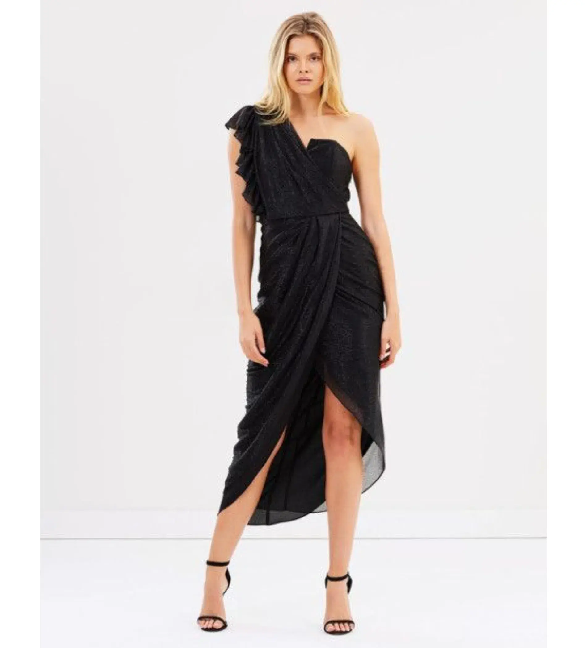 Shona Joy Cassis One-Shoulder Bustier Draped Midi Dress Black Size AU 6 - Image 1