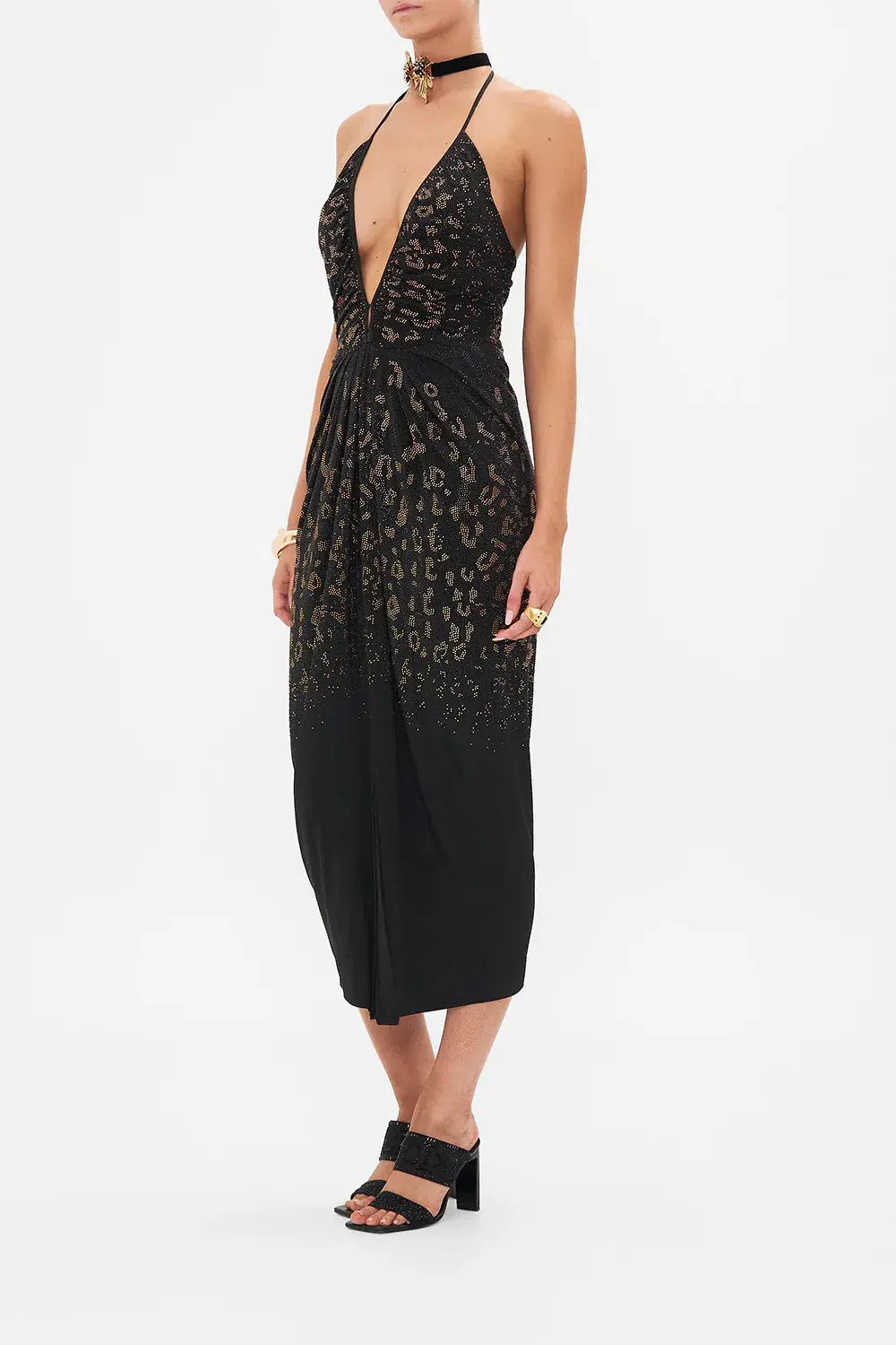 Camilla Mosaic Muse V Neck Gathered Jersey Dress Midi Black (XL/AU16) for rent on The Volte - main image