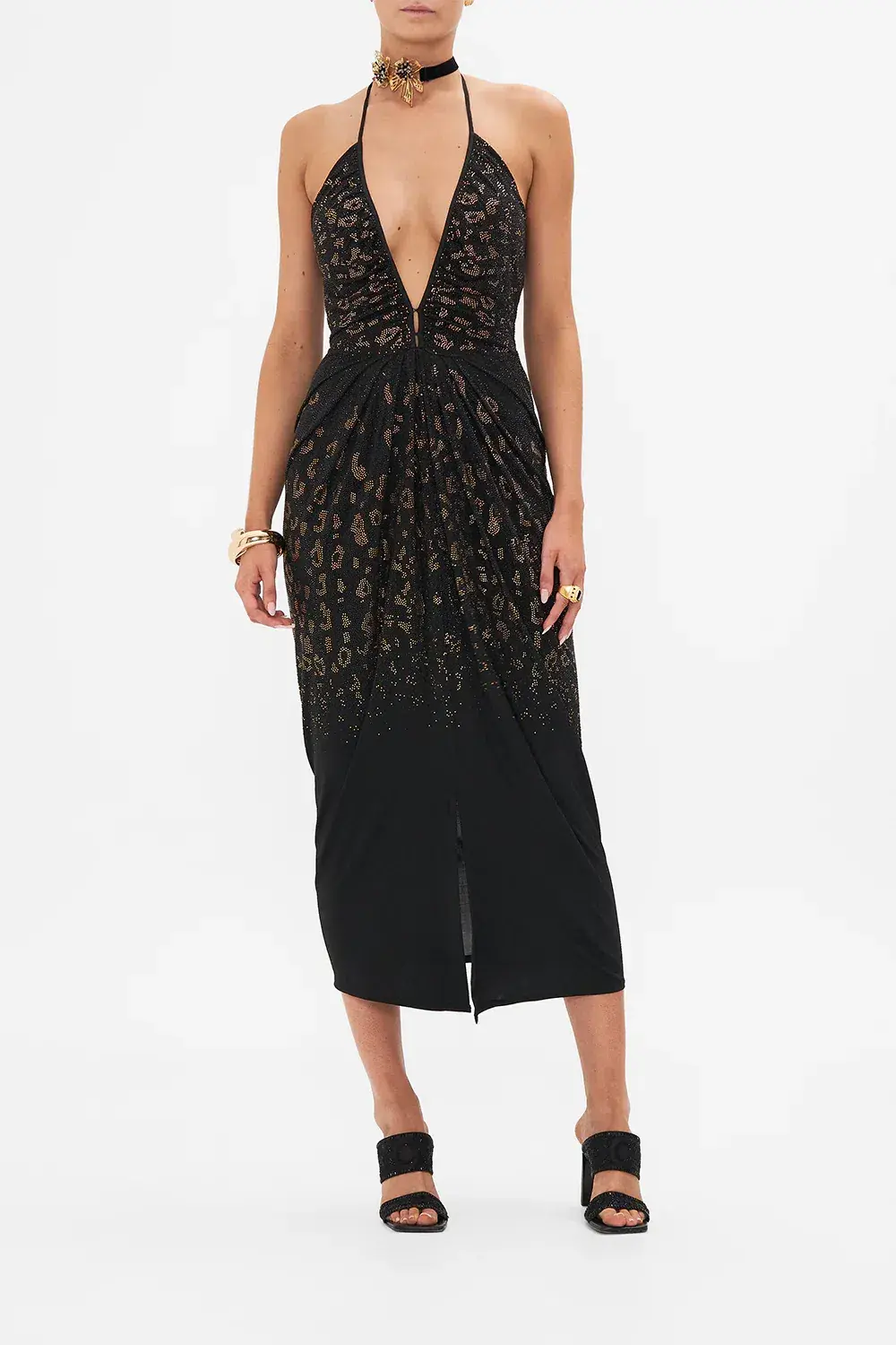 Camilla Mosaic Muse V Neck Gathered Jersey Dress Midi Black (XL/AU16) - Image 1