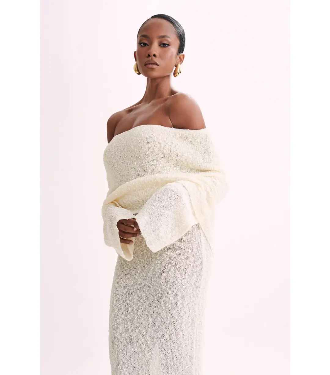 Meshki Marisol Off Shoulder Boucle Maxi Dress in Ivory Size XS / AU 6 for rent on The Volte - main image