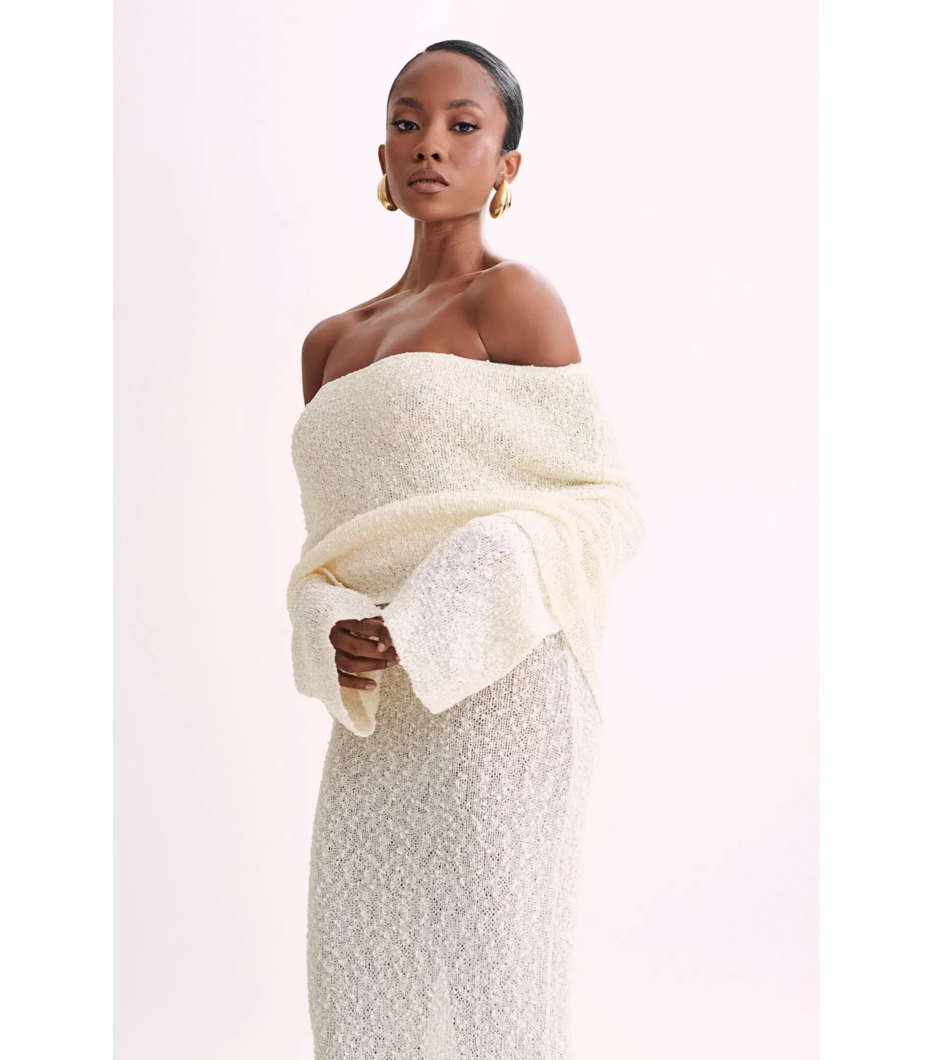 Meshki Marisol Off Shoulder Boucle Maxi Dress in Ivory Size XS / AU 6 - Image 3
