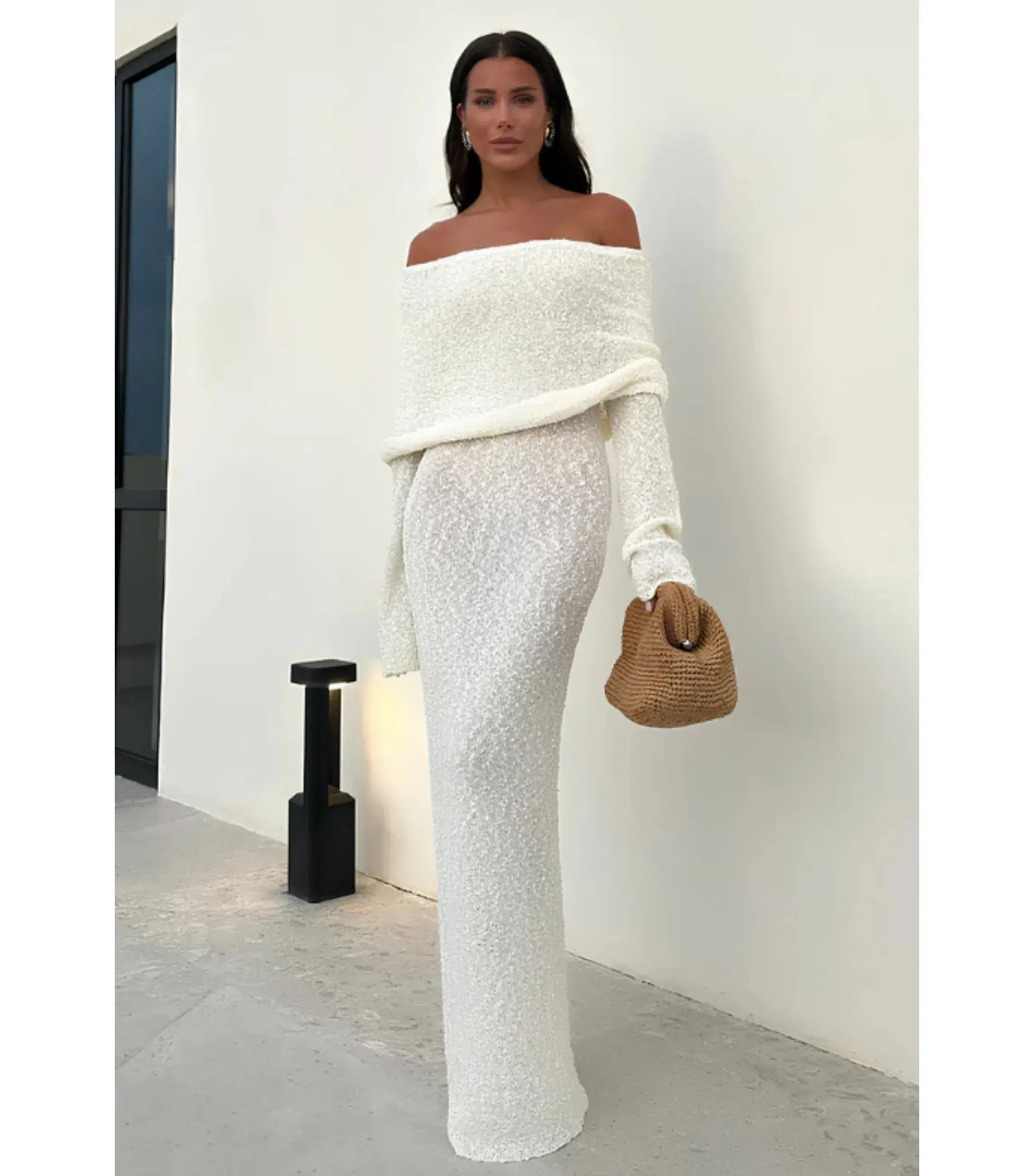 Meshki Marisol Off Shoulder Boucle Maxi Dress in Ivory Size XS / AU 6 - Image 1