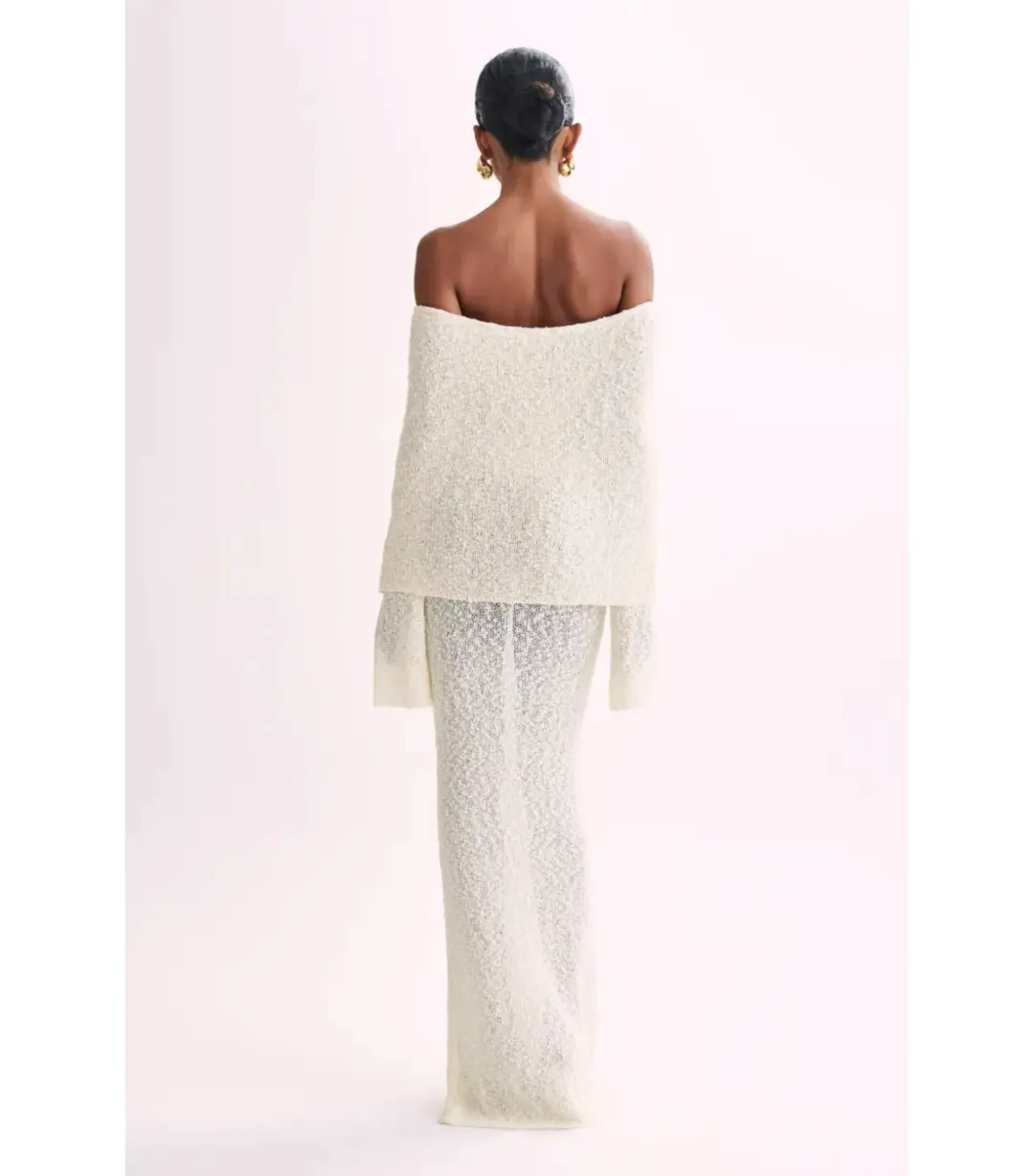 Meshki Marisol Off Shoulder Boucle Maxi Dress in Ivory Size XS / AU 6 for rent on The Volte - main image