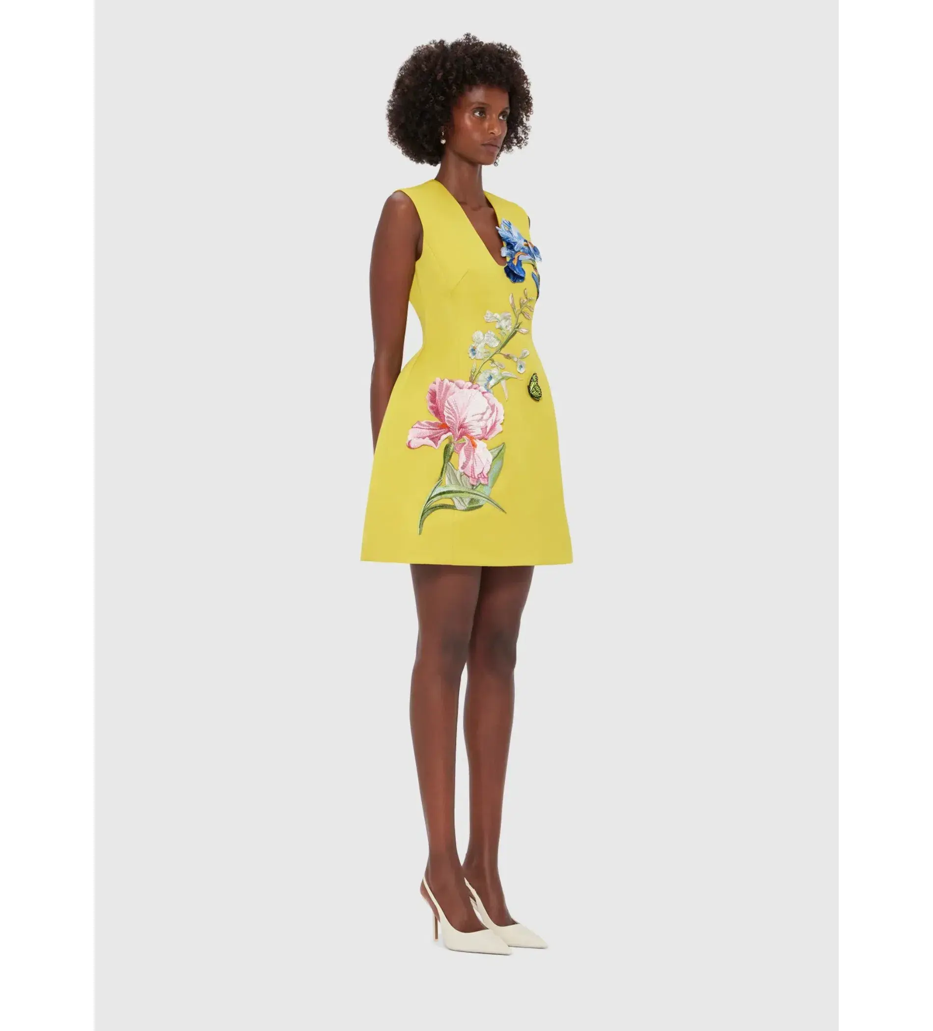 Leo Lin V-Neck Embroidery Mini Dress Mustard Size AU 14 - Image 2