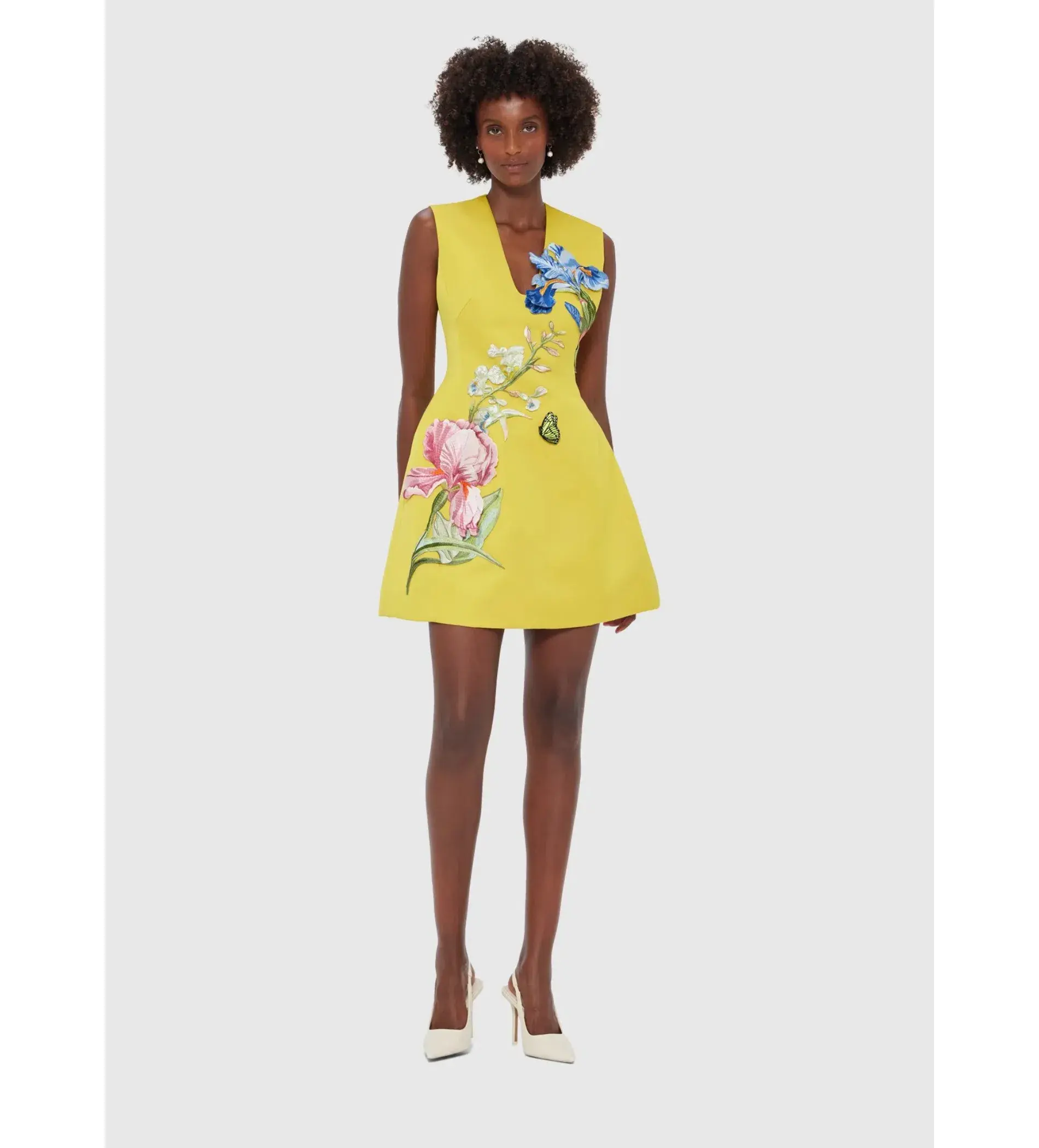 Leo Lin V-Neck Embroidery Mini Dress Mustard Size AU 14 - Image 1