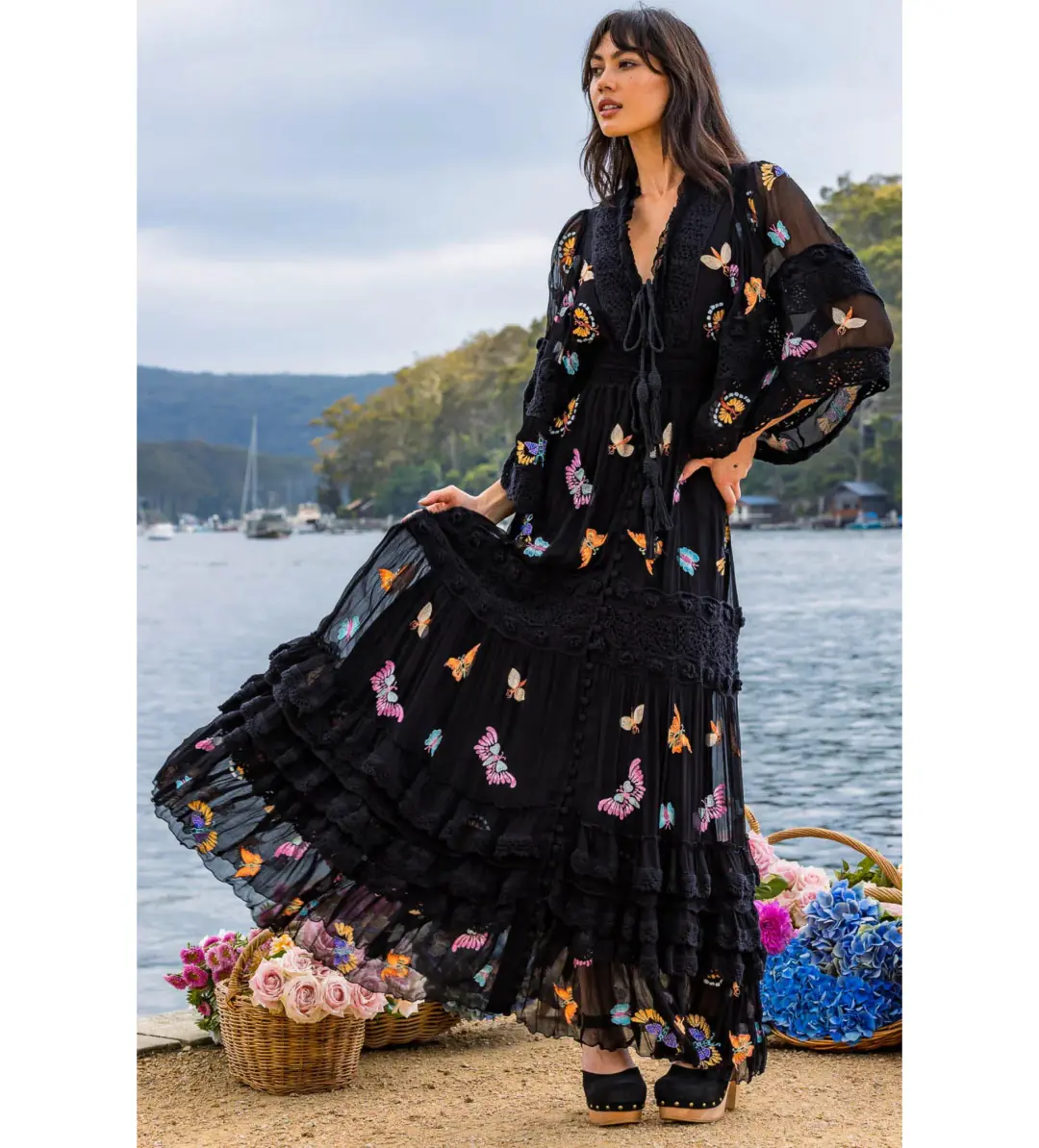 Fillyboo Madam Butterfly embroidered Maxi Dress in Black Size XL /AU 14 for rent on The Volte - main image