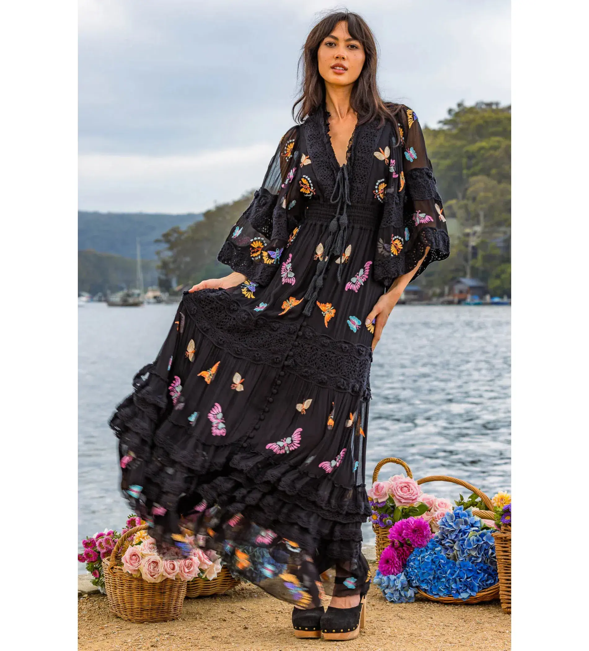 Fillyboo Madam Butterfly embroidered Maxi Dress in Black Size XL /AU 14 - Image 1