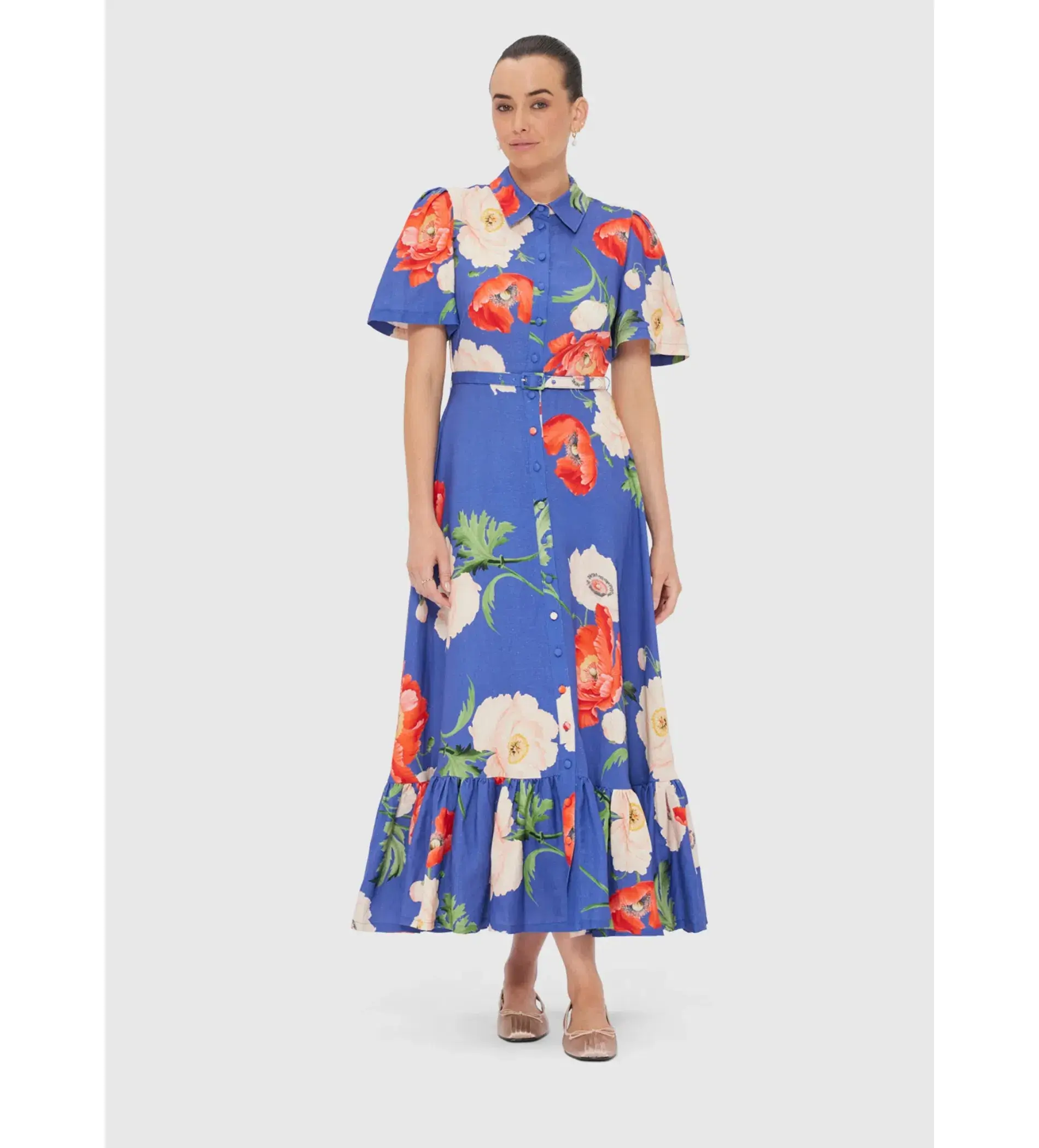 Leo Lin Becca Short Sleeve Midi Dress in Poppy Print Size AU 10 - Image 1