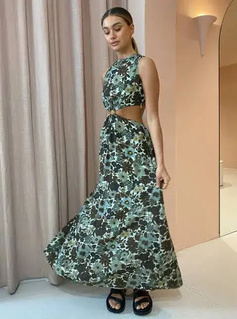 Sir the Label Constantine Cut-Out Midi Dress in Green Floral Size 1/ AU 8 - Image 2