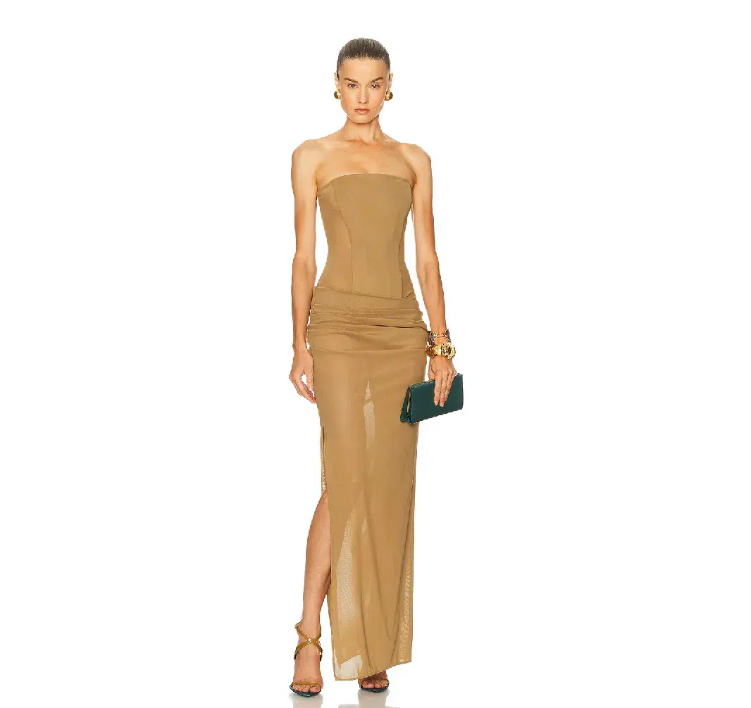 Alex Perry Strapless Longline Corset Column Stretch Mesh Maxi Dress Khaki Size AU 8 - Image 1
