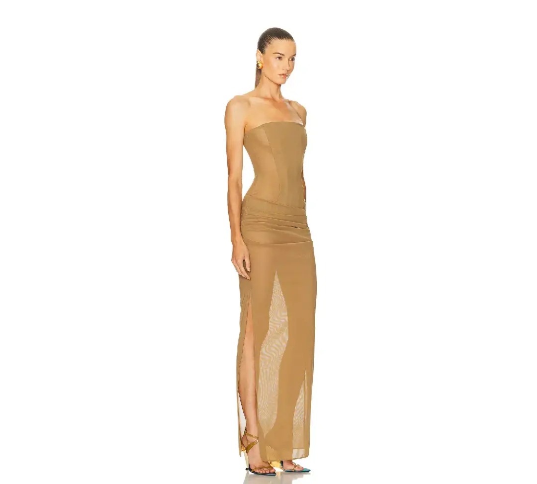 Alex Perry Strapless Longline Corset Column Stretch Mesh Maxi Dress Khaki Size AU 8 for rent on The Volte - main image