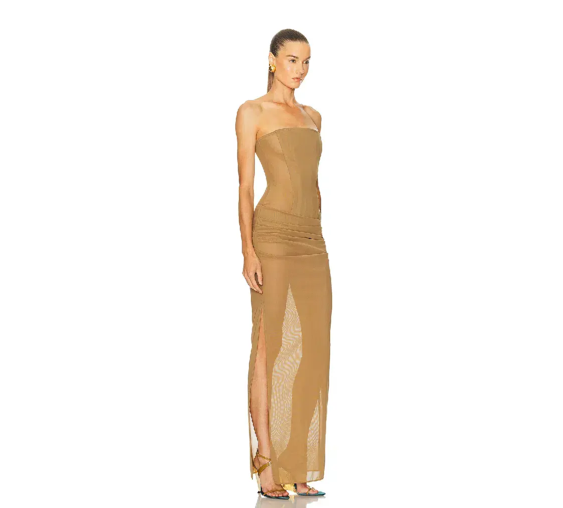 Alex Perry Strapless Longline Corset Column Stretch Mesh Maxi Dress Khaki Size AU 8 - Image 4