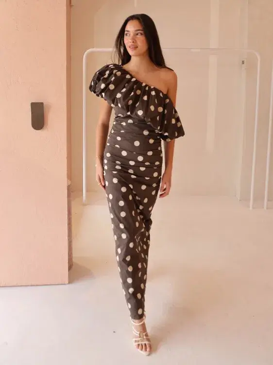 By Nicola Maya Maxi Dress in Chocolate Polka - Image 1