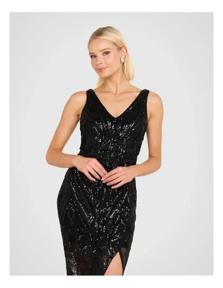 Pilgrim Saige V Neck Sequin Gown in Black Size 14 - Image 4