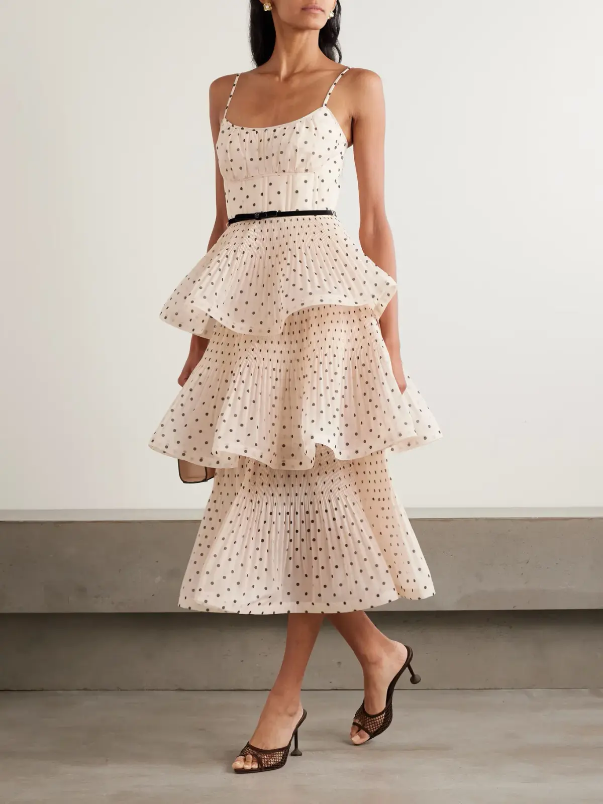 Zimmermann Pleated Tiered Midi Dress in Black/Cream Polka Dot Size 14/L - Image 1