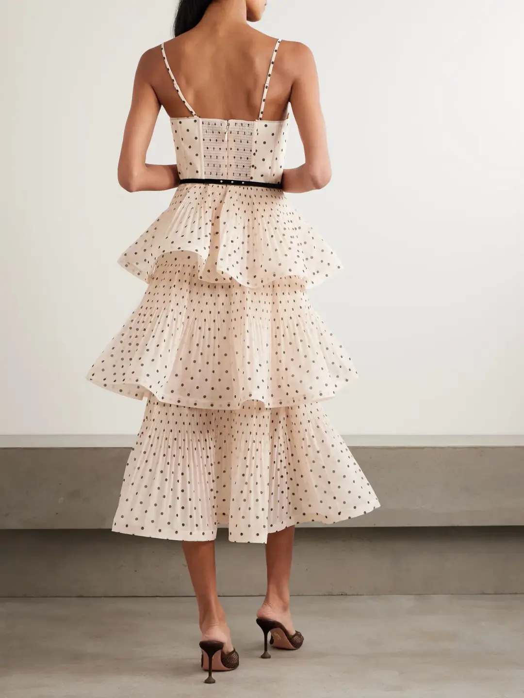Zimmermann Pleated Tiered Midi Dress in Black/Cream Polka Dot Size 14/L for rent on The Volte - main image