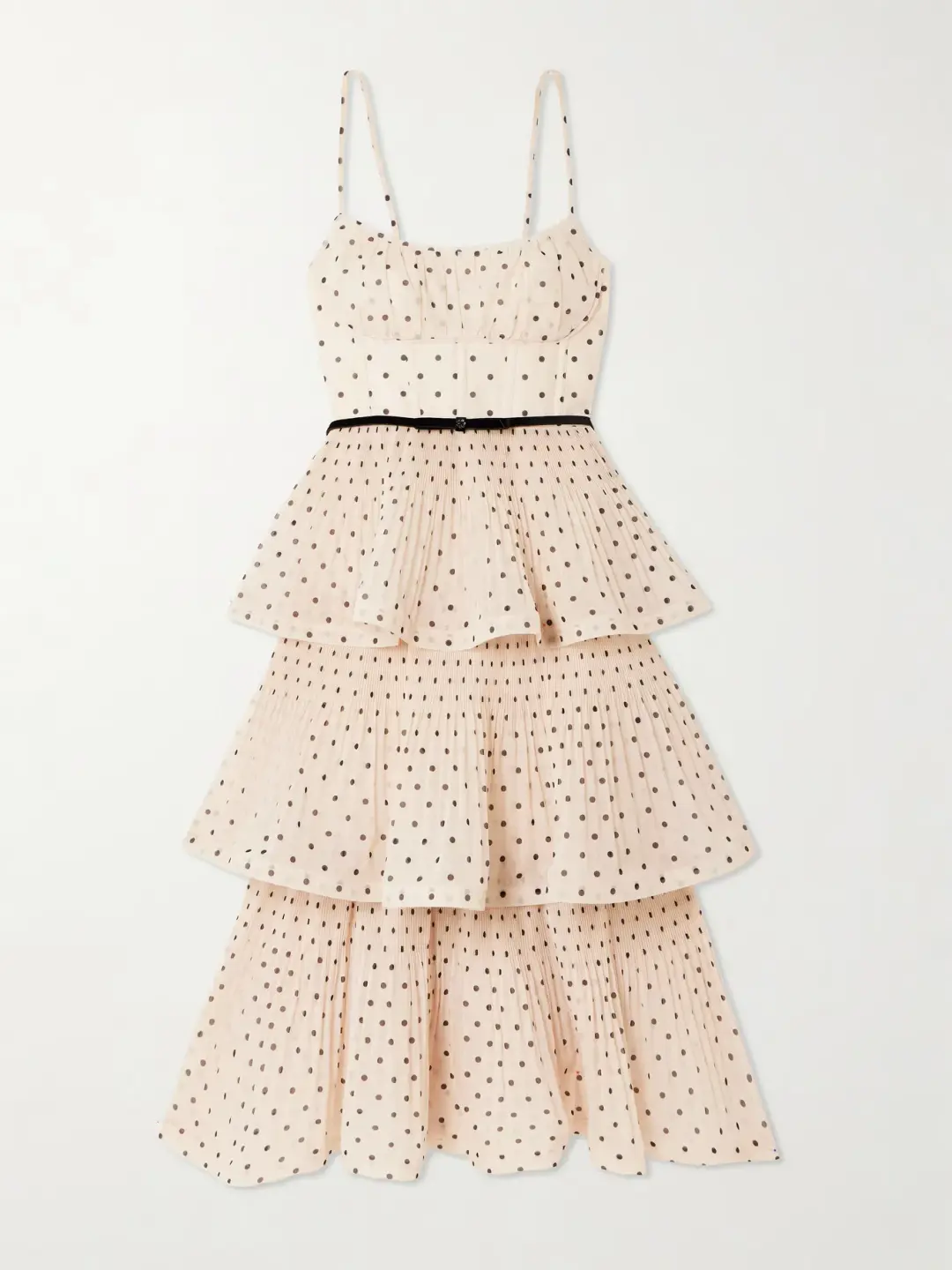 Zimmermann Pleated Tiered Midi Dress in Black/Cream Polka Dot Size 14/L for rent on The Volte - main image