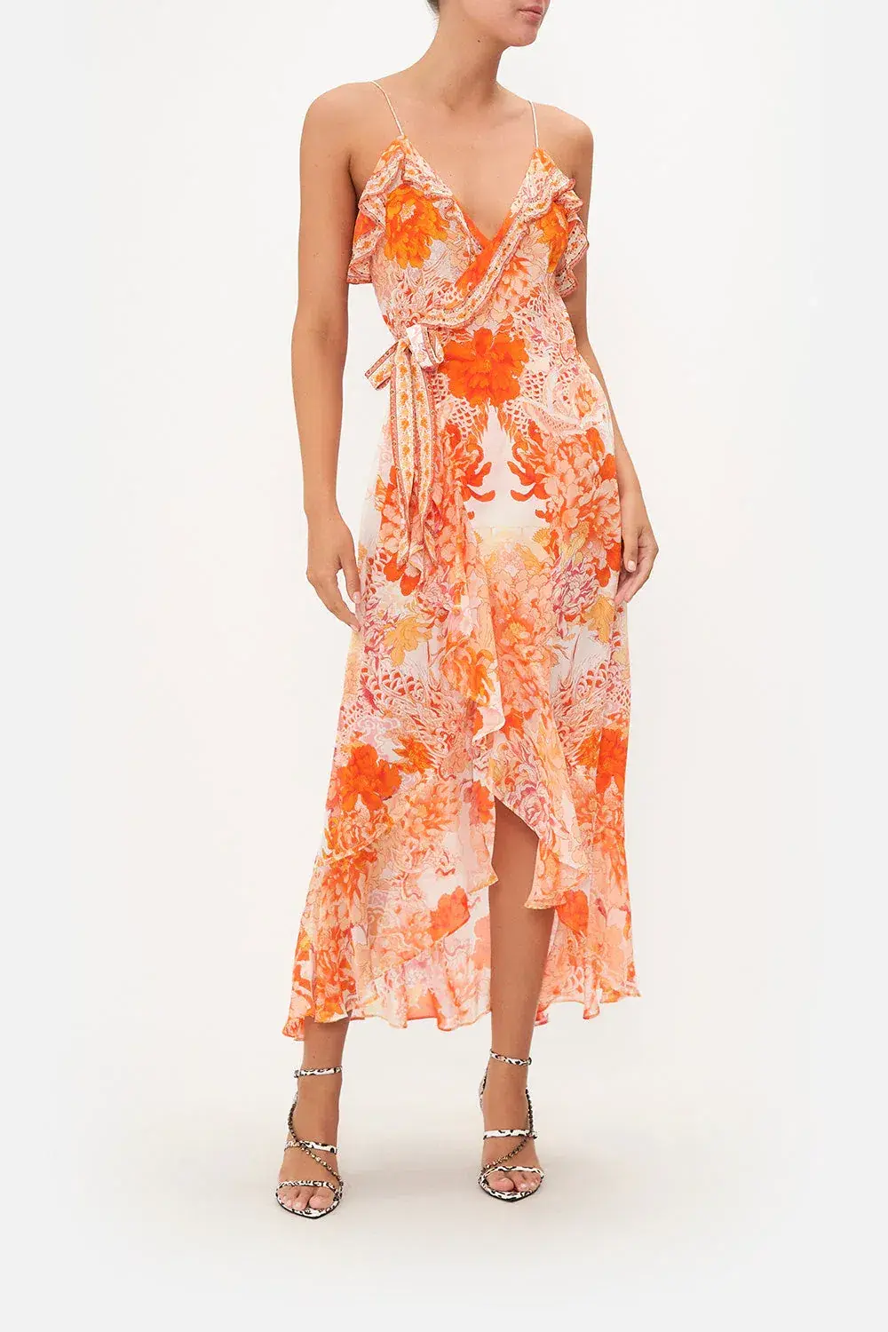 Camilla Long Wrap Dress With Frill Orange Print Size L / AU 14 - Image 1