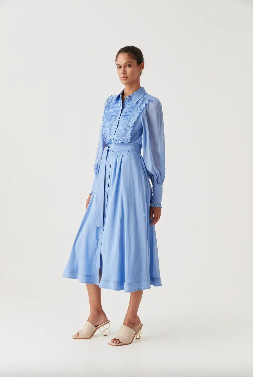 Aje Iris Pleated Bib Midi Dress Mist Blue Size AU 10 - Image 2