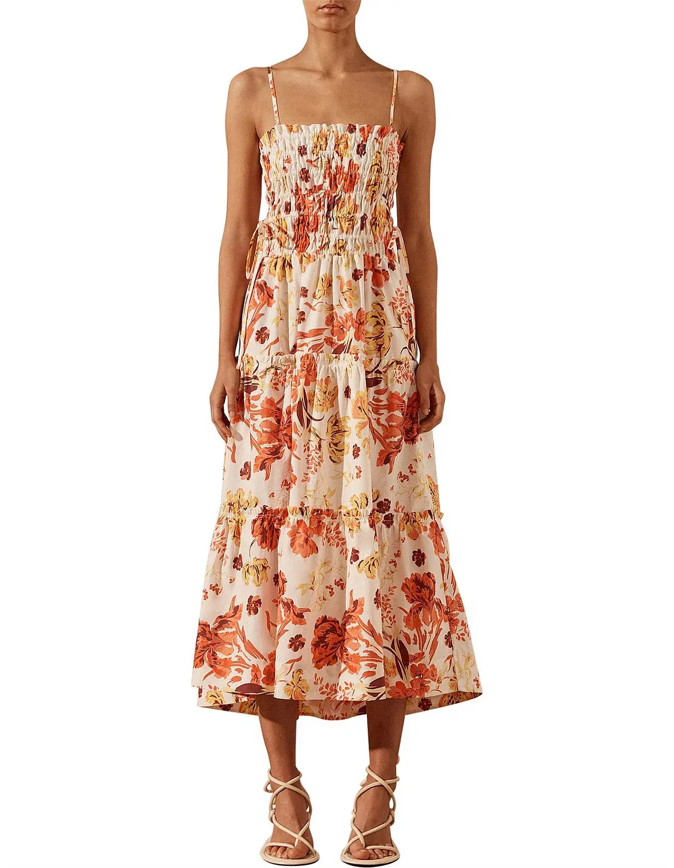 Shona Joy Kalani Shirred Tiered Midi Dress Floral Size 8 - Image 1