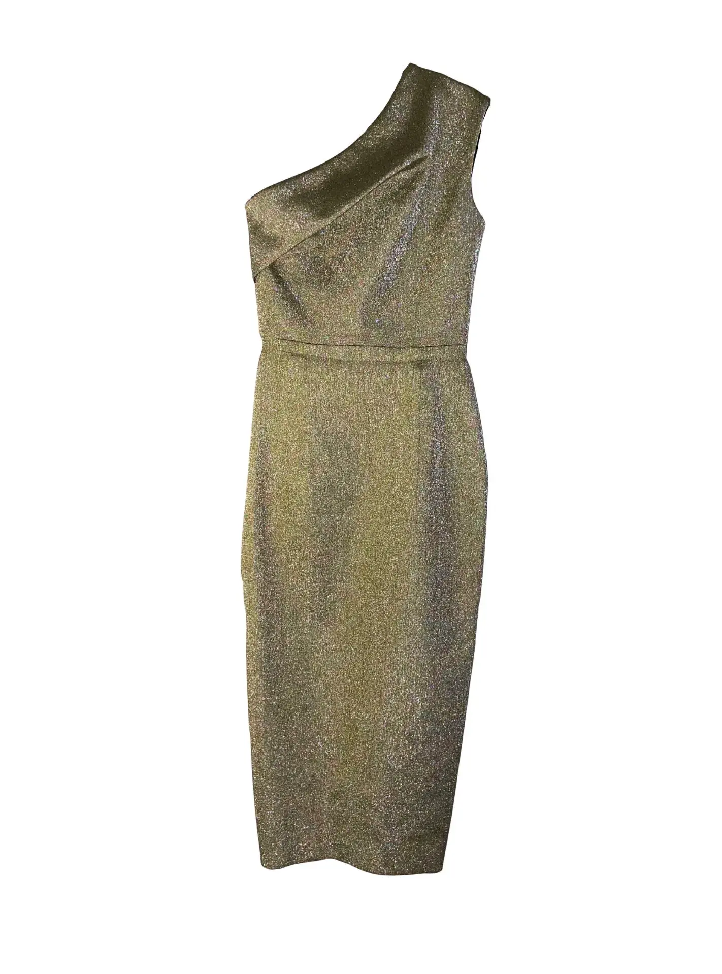 Alex Perry Fitted One Shoulder Cocktail Midi Dress Gold Size 6 - Image 1