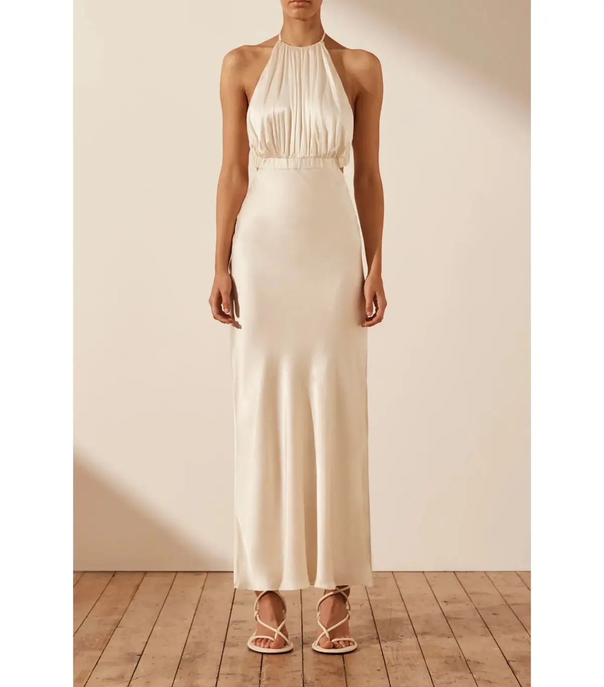 Shona Joy Milo Ruched Open Back Midi Dress in Coconut Size AU 12 - Image 1