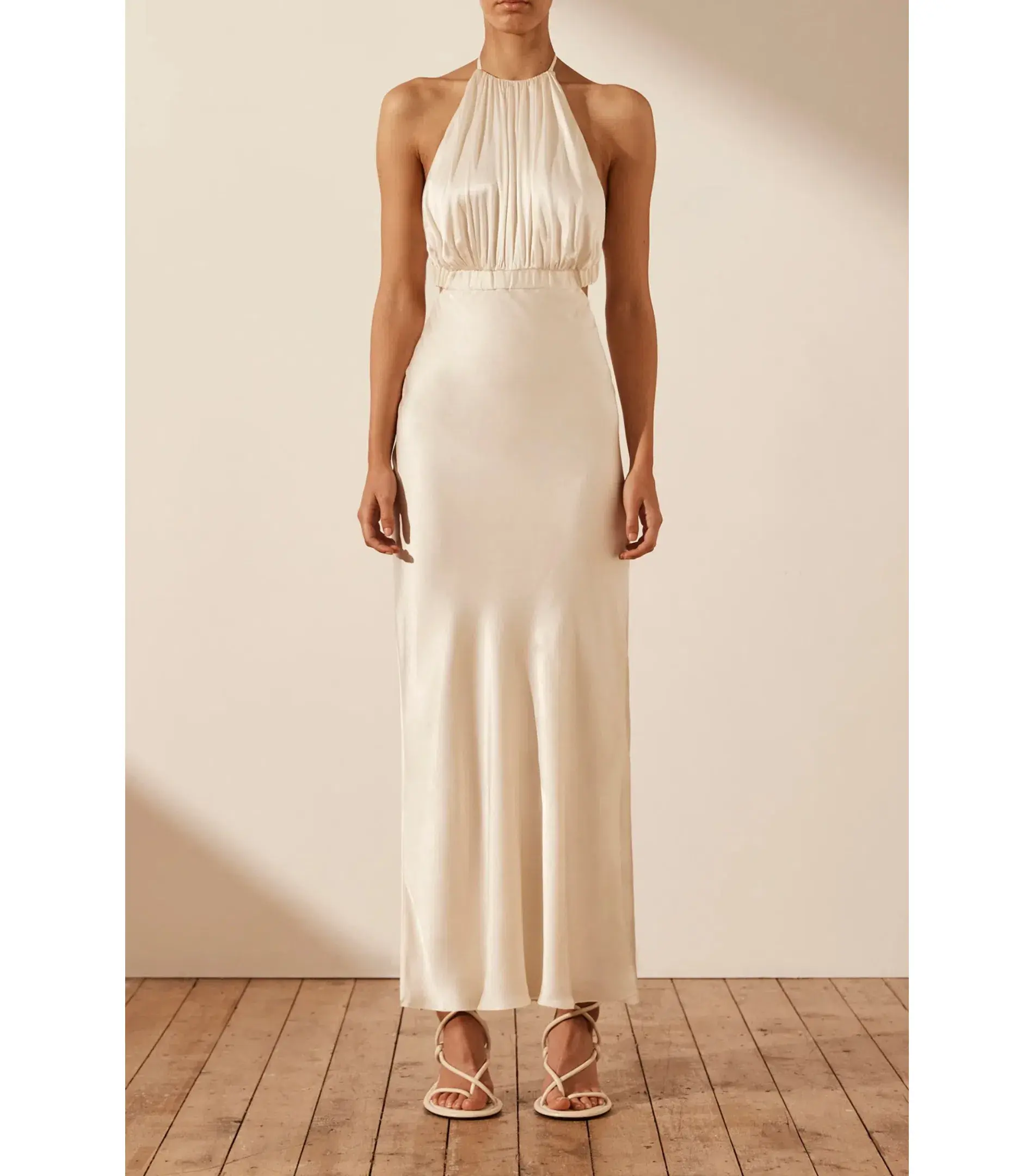 Shona Joy Milo Ruched Open Back Midi Dress in Coconut Size AU 12 - Image 1