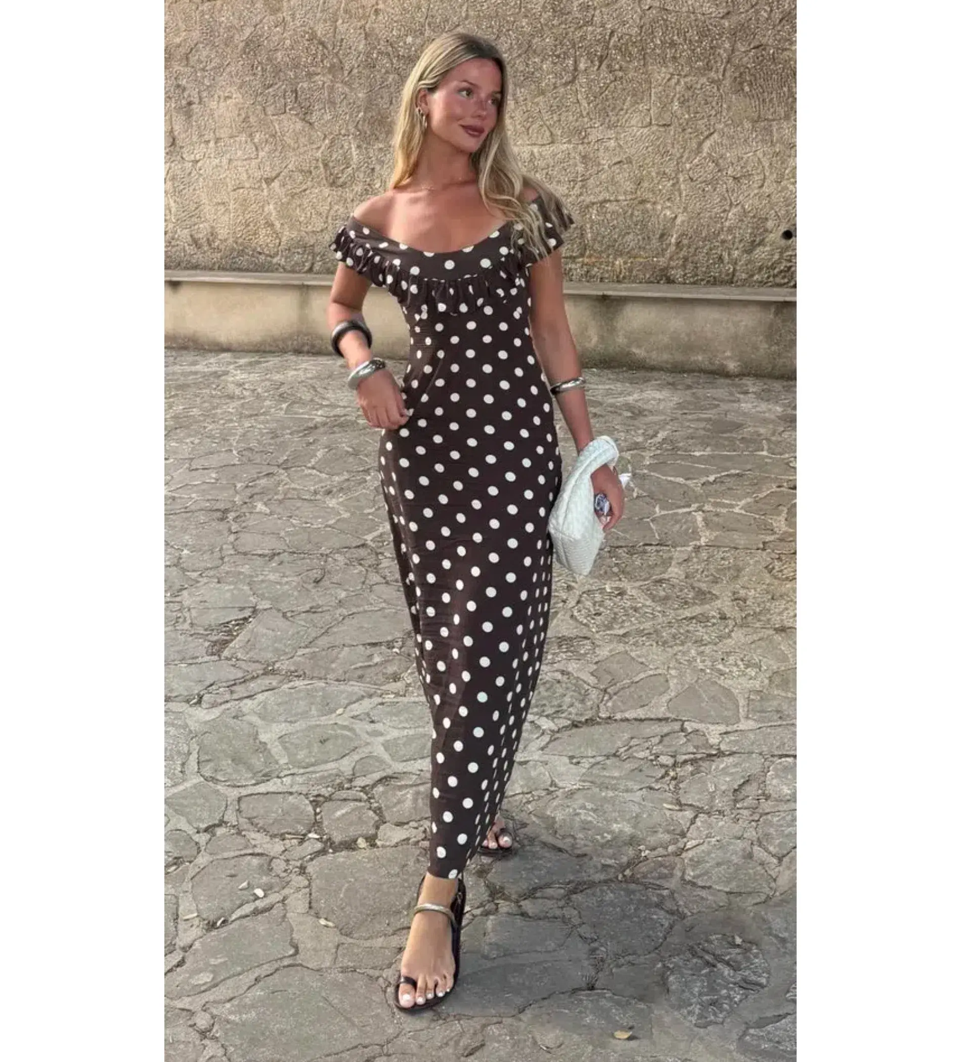 Design By Si Luna Dress Maxi Dress Brown Polka Size 6 - Image 1