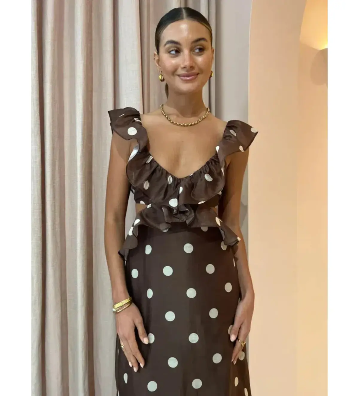 Sir the Label Vivi Frill Maxi Dress Marlon Polka Dot Brown Size 3 AU 12 - Image 5