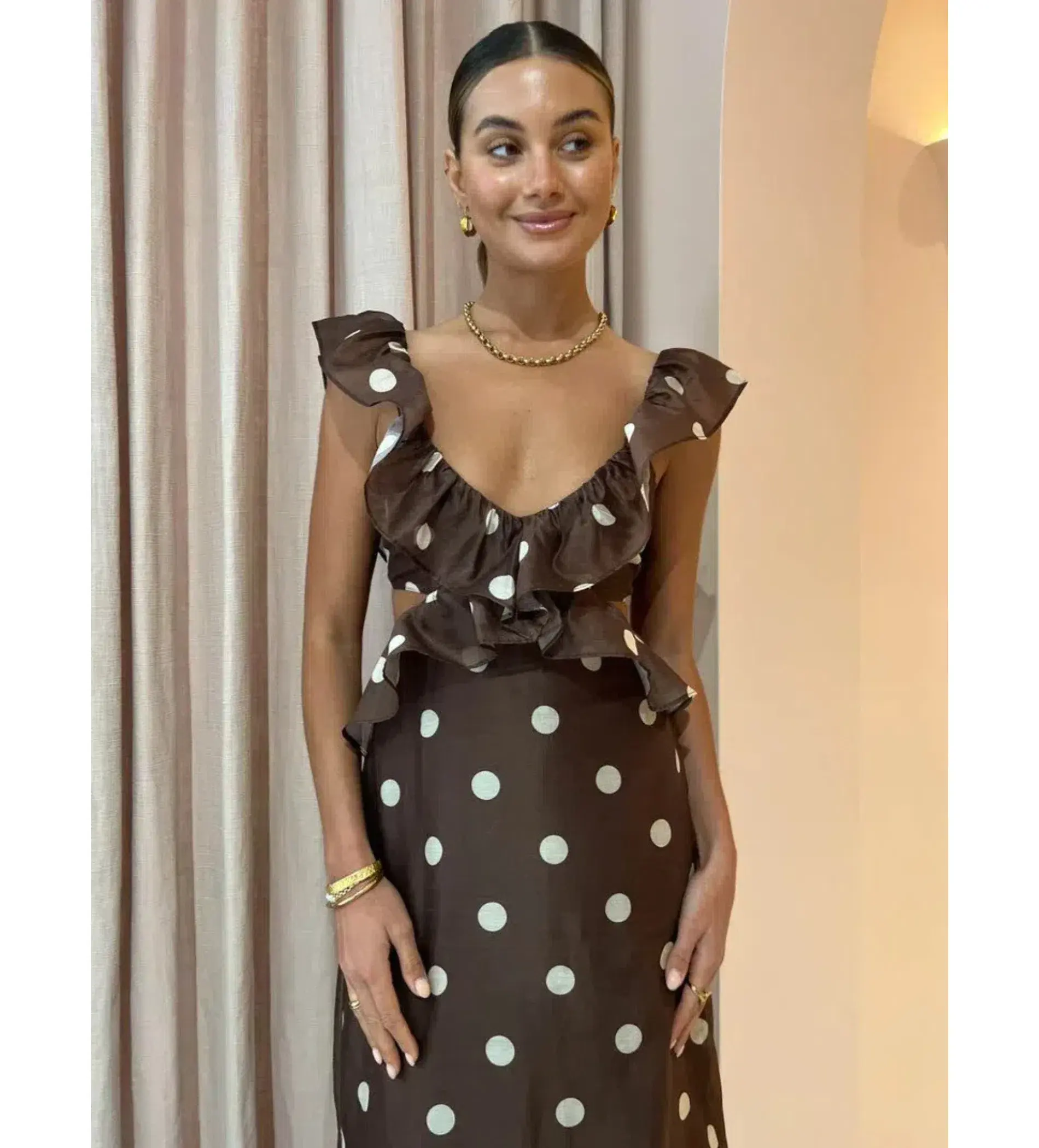 Sir the Label Vivi Frill Maxi Dress Marlon Polka Dot Brown Size 3 AU 12 - Image 5