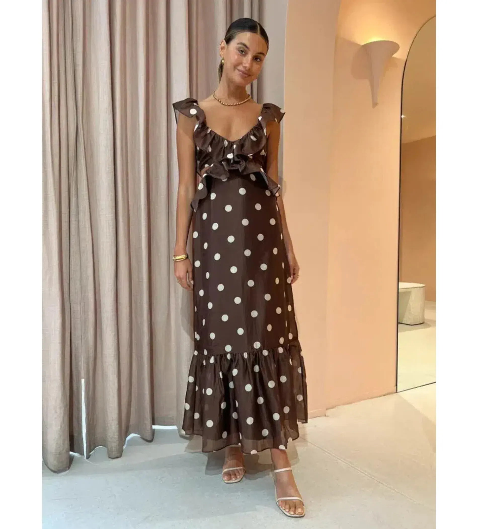 Sir the Label Vivi Frill Maxi Dress Marlon Polka Dot Brown Size 3 AU 12 - Image 1
