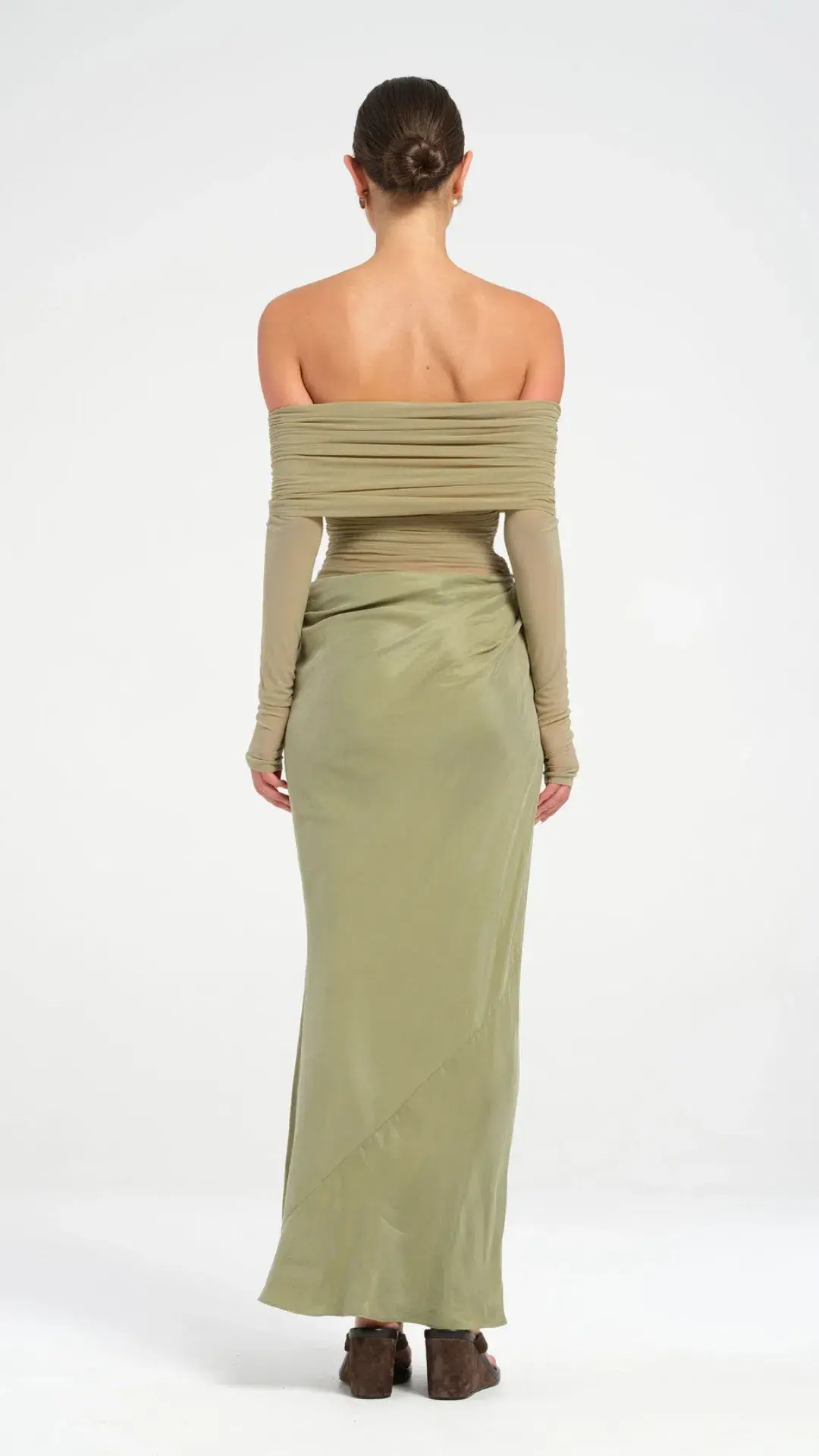 Benni Yasmin Off Shoulder Maxi Dress in Pistachio Size AU 8 for rent on The Volte - main image