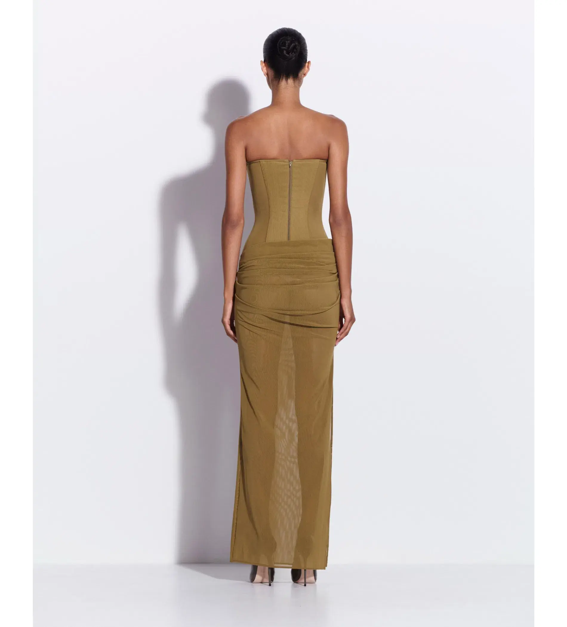Alex Perry Strapless Longline Column in Stretch Mesh Maxi Dress Khaki Size AU 10 - Image 6