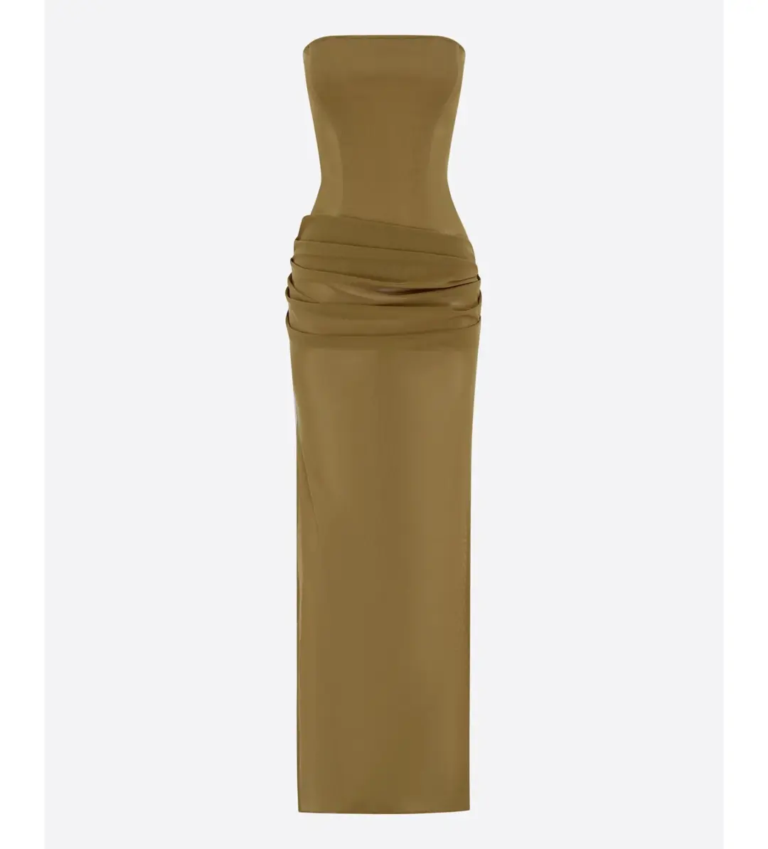 Alex Perry Strapless Longline Column in Stretch Mesh Maxi Dress Khaki Size AU 10 for rent on The Volte - main image