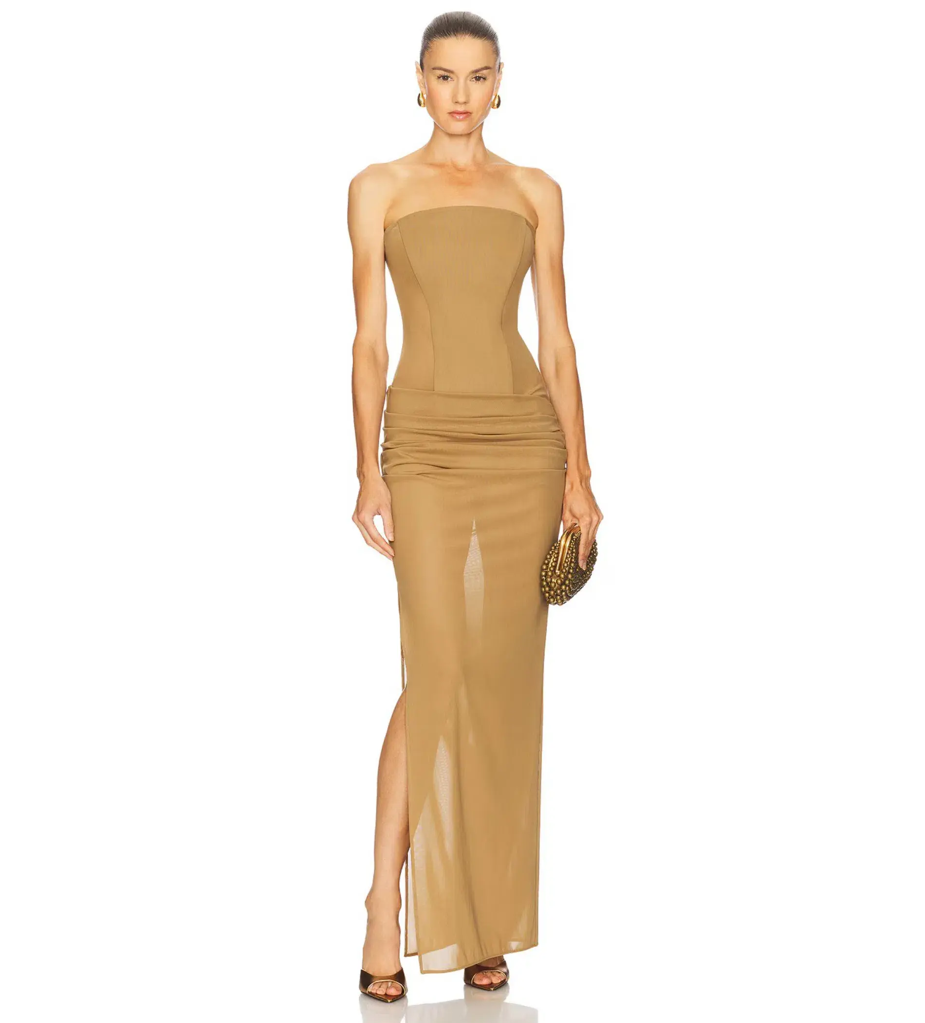 Alex Perry Strapless Longline Column in Stretch Mesh Maxi Dress Khaki Size AU 10 - Image 1