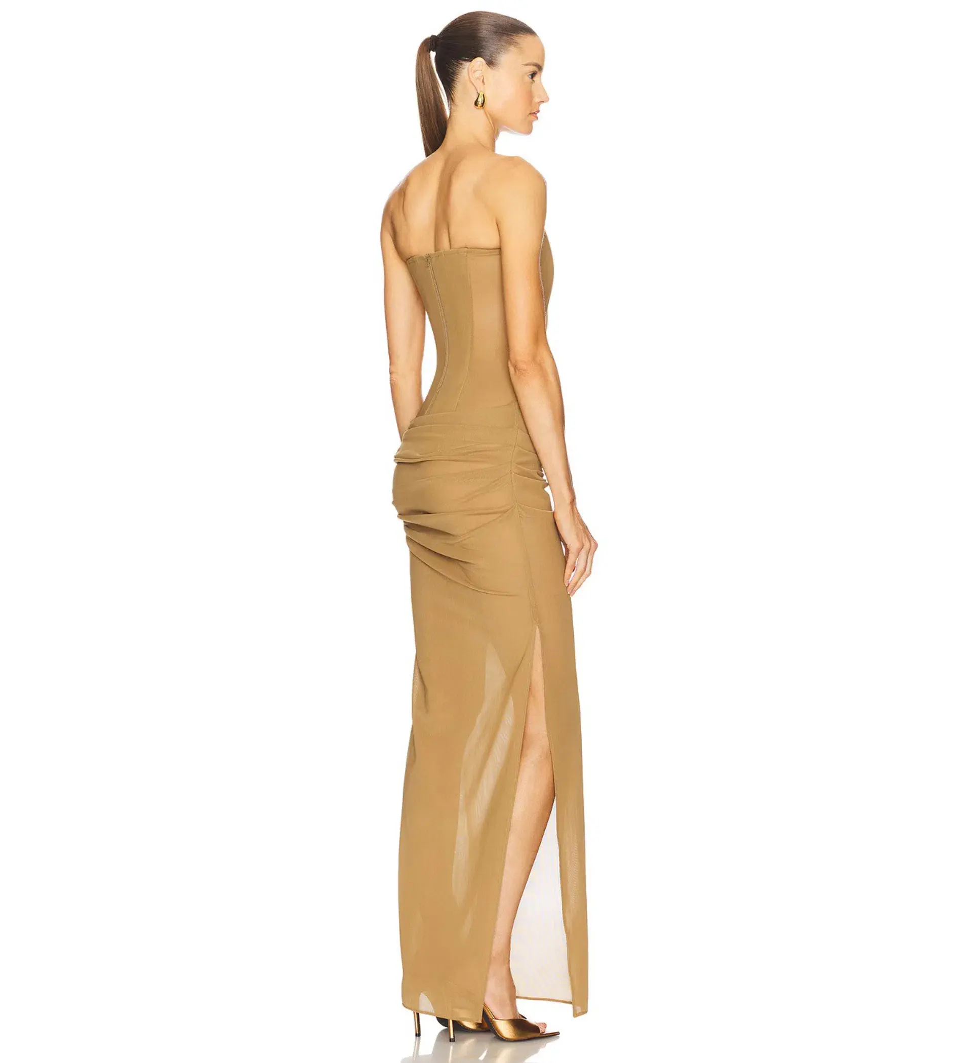 Alex Perry Strapless Longline Column in Stretch Mesh Maxi Dress Khaki Size AU 10 - Image 5