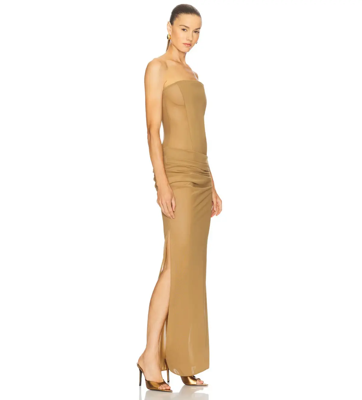 Alex Perry Strapless Longline Column in Stretch Mesh Maxi Dress Khaki Size AU 10 - Image 3