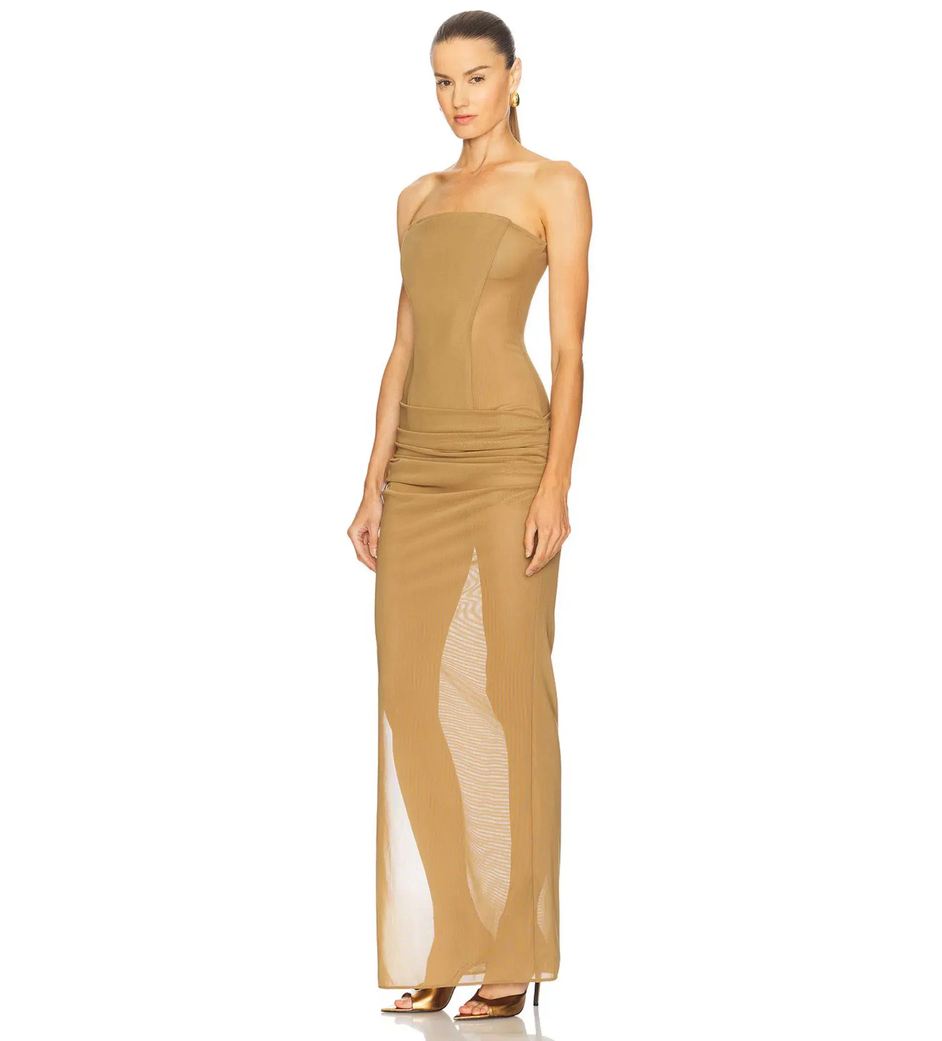 Alex Perry Strapless Longline Column in Stretch Mesh Maxi Dress Khaki Size AU 10 - Image 2