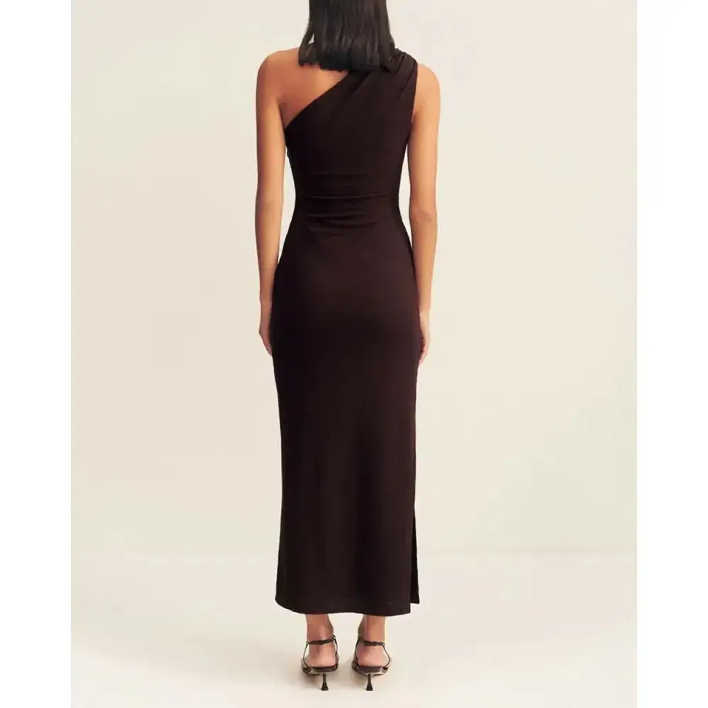 Shona Joy Beau Gathered Asymmetrical Midi Dress Brown Size AU 8 for rent on The Volte - main image