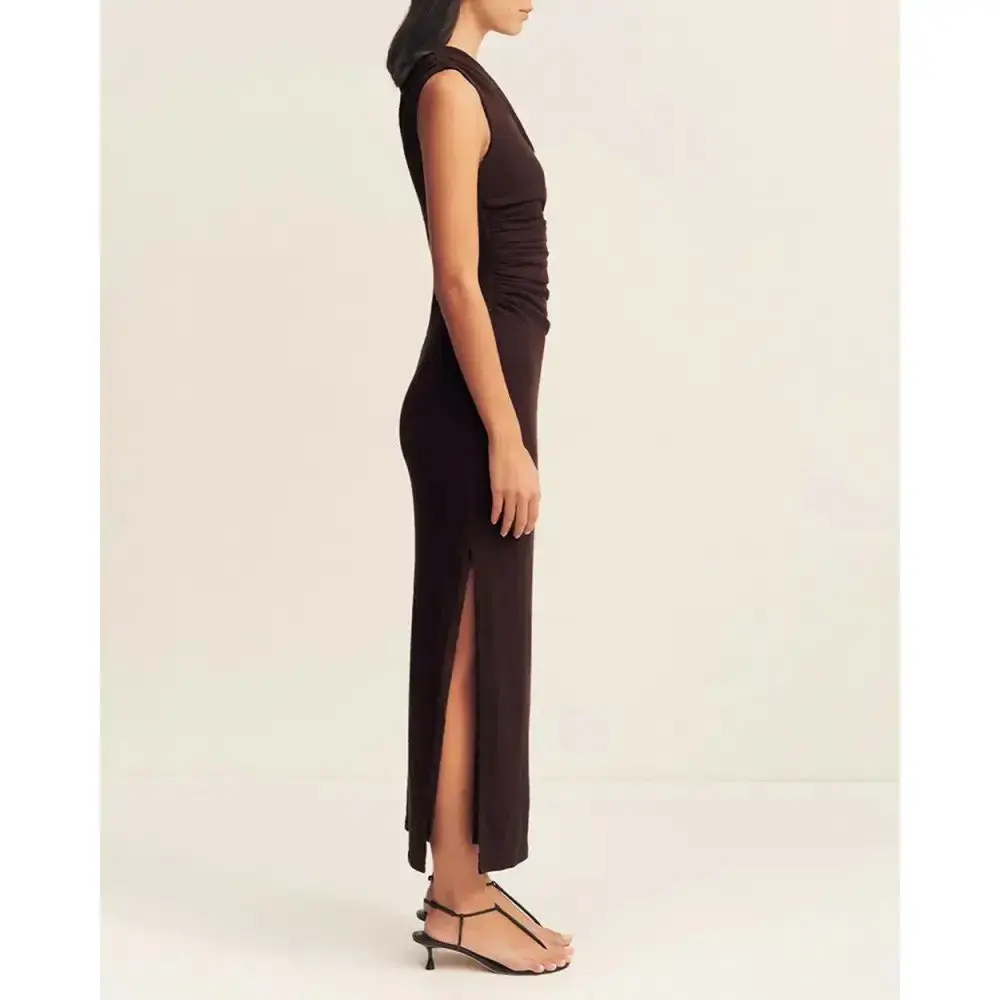 Shona Joy Beau Gathered Asymmetrical Midi Dress Brown Size AU 8 for rent on The Volte - main image